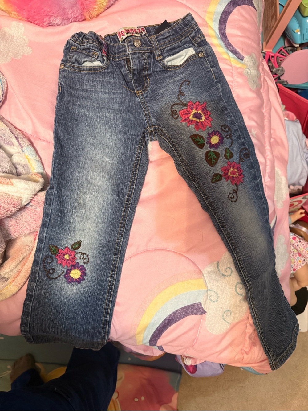 Girls' Dark Wash Embroidered Floral Jeans - Pink/Green